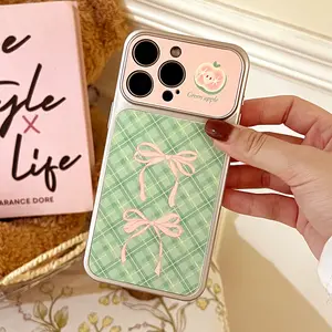 Green plaid pink bow phone case, anti-drop, with large window, soft shell, suitable for iPhone 17/16/15/14