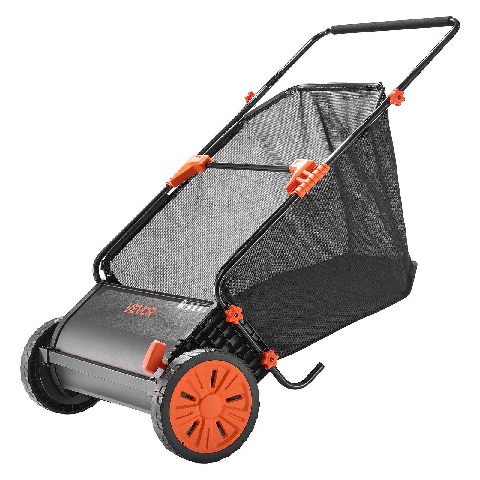 VEVOR Push Lawn Sweeper, 30 in Leaf & Grass Collector with 12 cu. ft. Hopper Bag, Adjustable Brush Height & Spinning Brushes, Heavy Duty Yard Sweeper with Rubber Wheels for Leaves Grass Cleanup