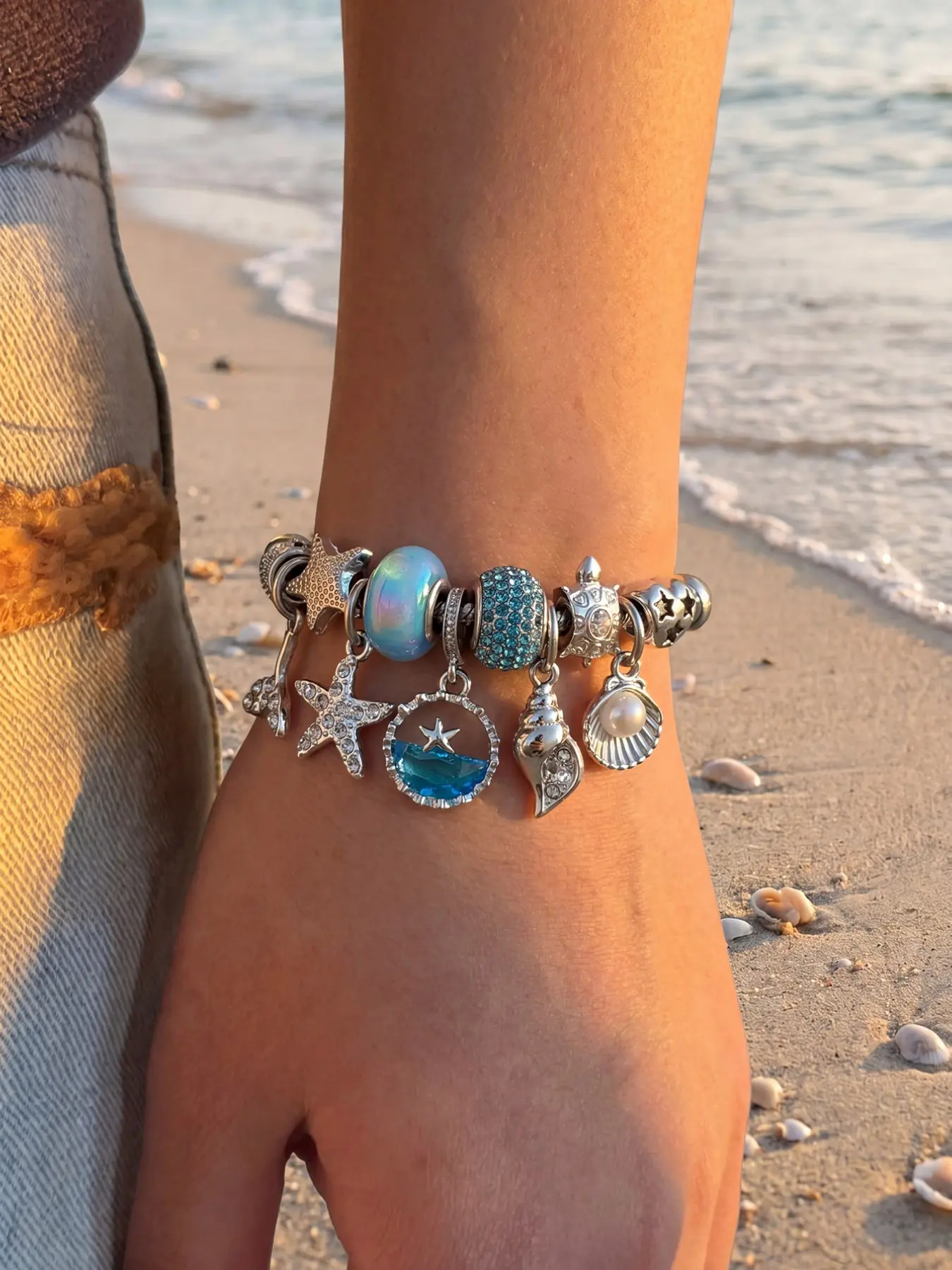 Ocean Theme Beaded Bracelet Set, Bracelets Stack, Multiple Marine Life Charms, Rhinestone Design, Adjustable Chain, Boho Style, All Seasons