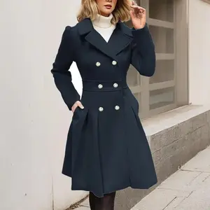 18ACTIVEKITWomen's trench coat wool blend jacket fashionable notch lapel double row buckle thick trench coat with pocket gift