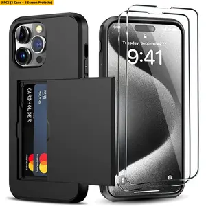 3PCS [1 Phone Case with 2X Clear Screen Protectors] Wallet Case with Protective Shockproof Hidden Card Slot Slim Case Phone Case Compatible with Iphone 17 Pro Max 17 Pro Air 17 16E 16 15 14 13 12 11 Pro Max 17E