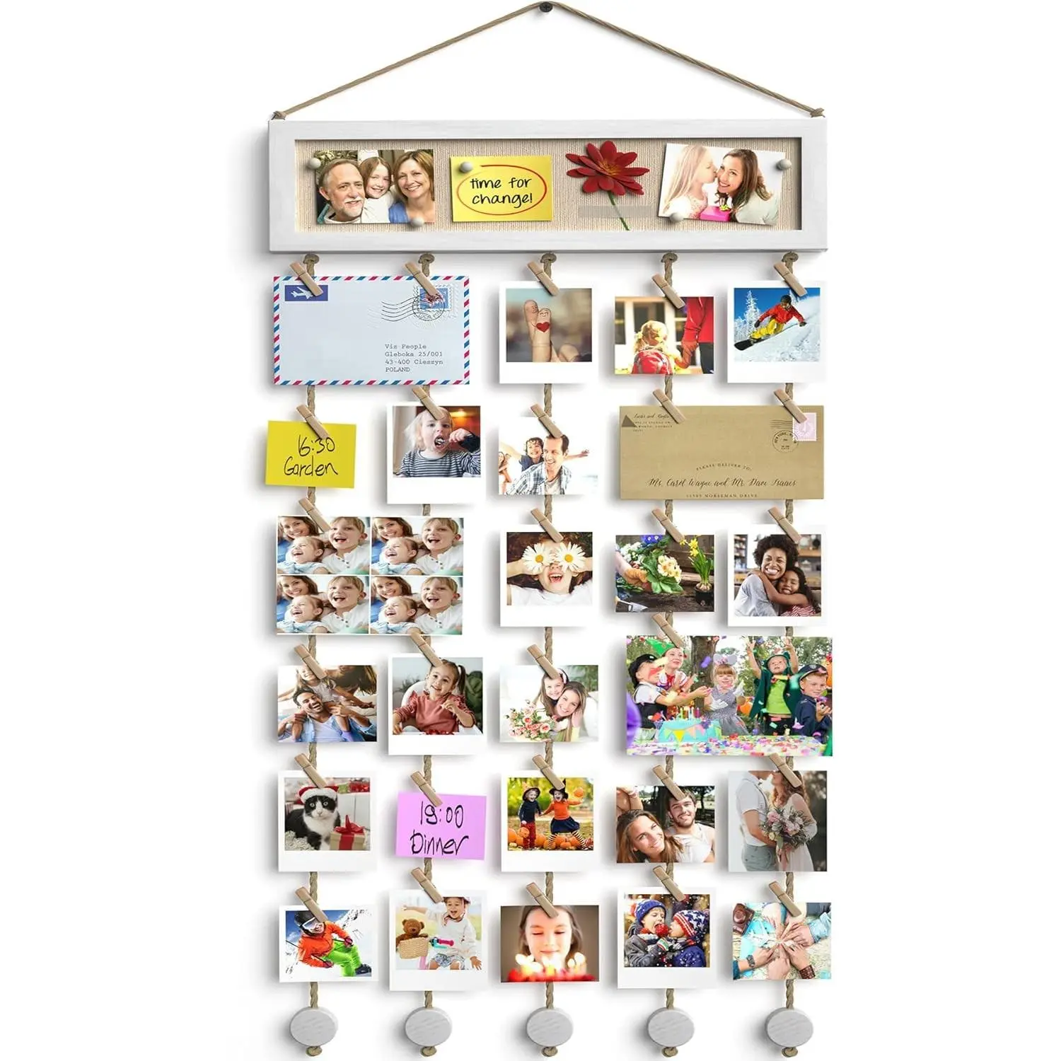 Wooden White Collage Picture Frame with Cork Bulletin Board - Rustic Polaroid Photo Display Wall Decor with 30 Clips, 6 Pushpins for Dorm, Home Room Christmas Decoration Gift, Plant, Hanging