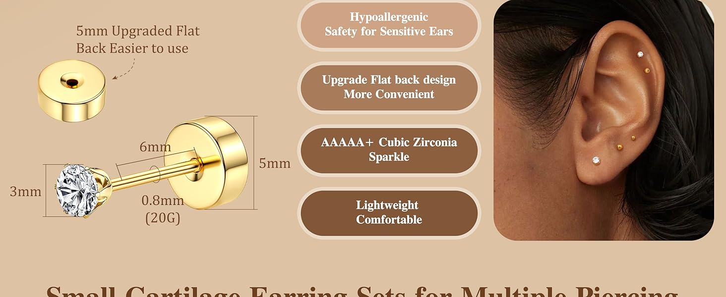 YADOCA Small Flat Back Earrings for Women Men - Hypoallergenic 14K Gold Plated Surgical Steel Screw Flat Back Stud Earrings Tiny Cartilage Earring Sets For Multiple Piercing 2/3/4mm 18pairs