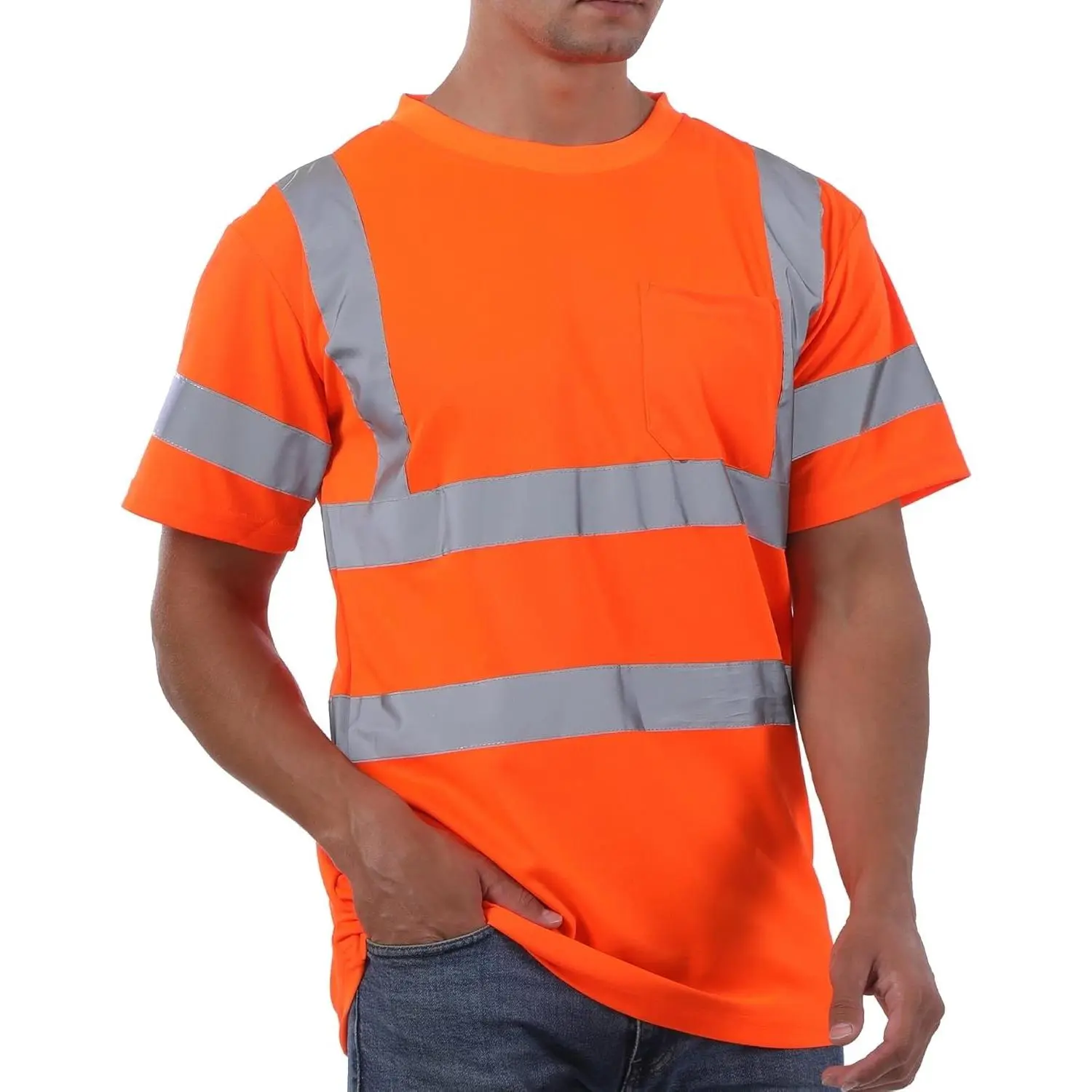 High Visibility T-Shirt for Men, Reflective Mesh Orange | ANSI/IA Type R Hi Vis Work Shirt with 2-Inch Reflective Tape, Breathable Birdye Mesh, Pocket, Short Sleeves