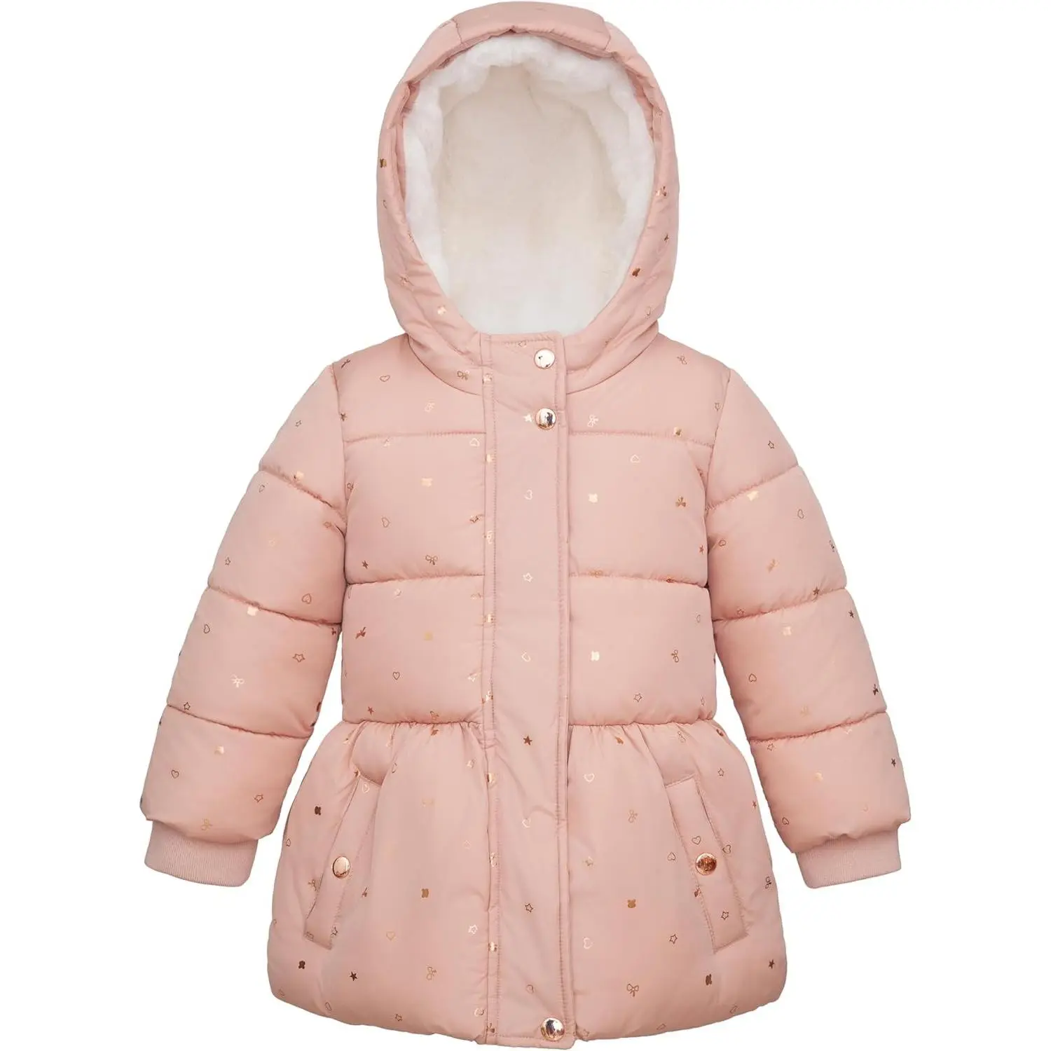 Toddler Girls' Winter Puffy Coat - Long Sleeves, Mid-Length, Water-Resistant Shell, Soft Faux Fur Lined, Stretchy Inner Cuffs, Subtle Ruffle, Convenient Pockets, Faux Fur Trim, Outdoor Wear for Light Rain & Snow