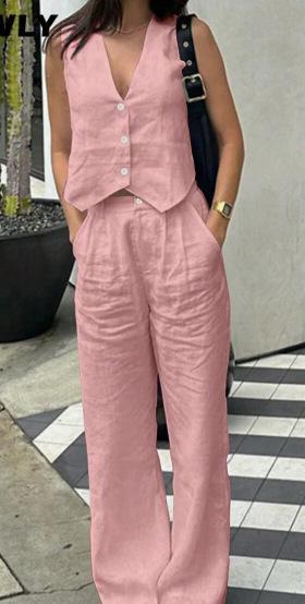 Women's 2 Piece Vest and Pants Set, Casual Button Down Waistcoat and Wide Leg Pants Matching Outfit
