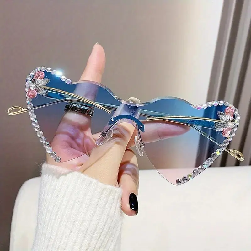 Women's Oversized Semi-Rimless Heart-Shaped Metal Fashion Sunglasses - Crystal-Encrusted, Pink-Tinted PC Blue Light Blocking Lenses, Lightweight Durable for Beach, Driving, Women's Sunglasses