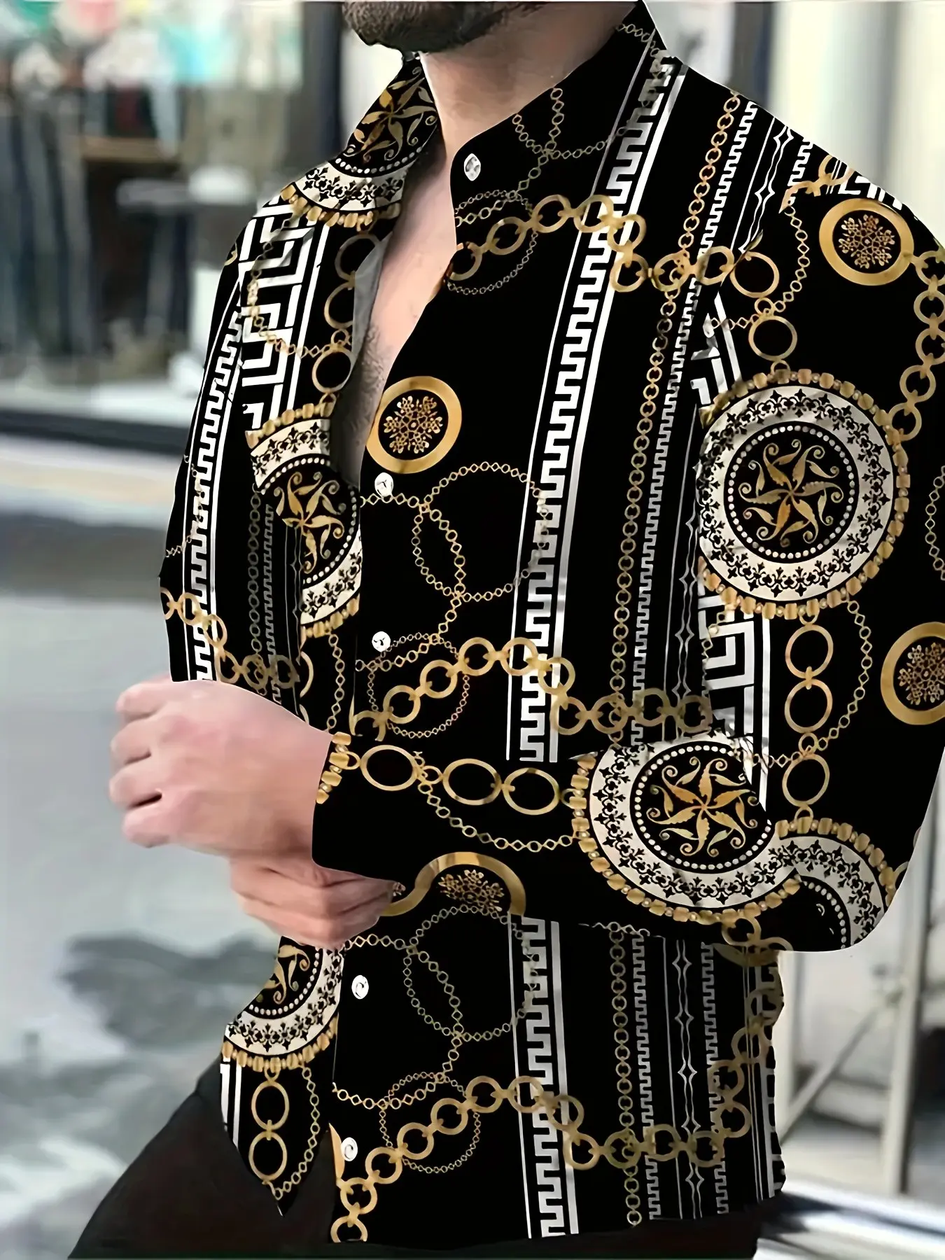 Men's Long Sleeve Shirt, Base with Chain Pattern, High-Quality Material, Comfortable and Durable, Casual and Urban Fashion Style