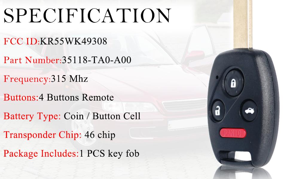 Key Fob Remote Replacement Fits for Honda Pilot 2009 2010 2011 2012 2013 2014 2015 / Accord (Sedan Only) 2008-2012 KR55WK49308 Keyless Entry Remote Control 35118-TA0-A00