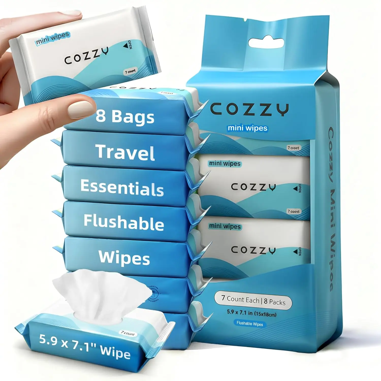 Travel Flushable Wipes -  & Unscented with 99.6% Water - -Free, -Based - Travel Essentials for Adults,  &  - 8 Packs (56  Wipes)