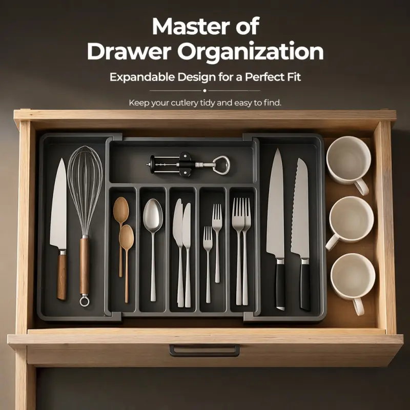 Expandable Drawer Utensil Organizer, multi-compartment design saves space, keeps tableware neat and easy to reach.