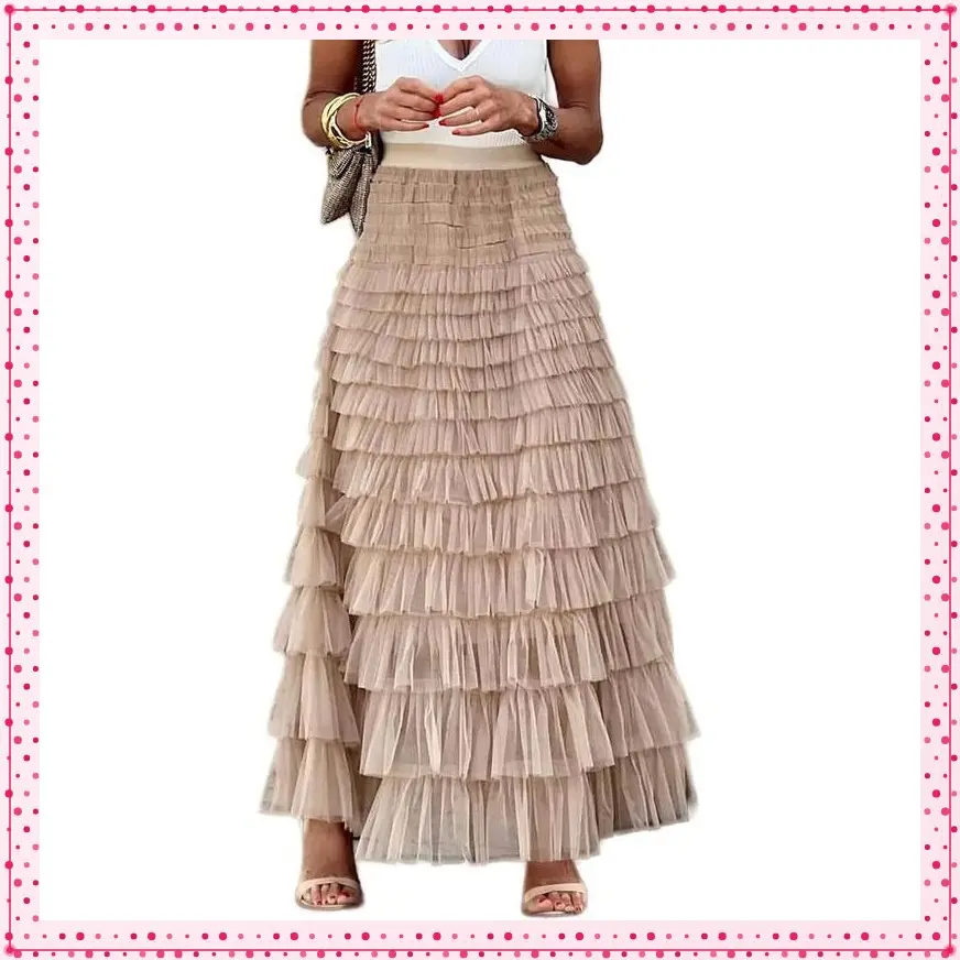 Women's Long Maxi Tulle Skirts A Line Ruffle High Waisted Tiered Layered Mesh Tutu Skirt Petticoat