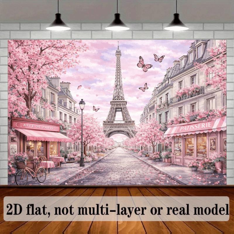 French Paris Cherry Blossom Backdrop Suitable for Wedding Decorations, Photo Studio Background with Eiffel Tower, Fountain & Pink Blossoms - Wrinkle-Resistant Spring Theme for Parties, Birthdays, Home Decor - No