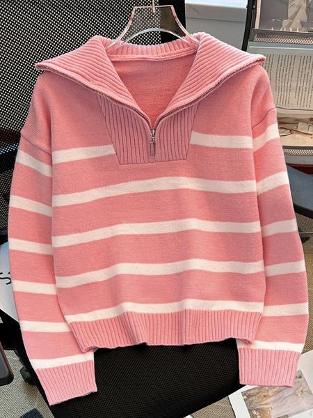 Women's Striped-Print Drop-Shoulder Sweater with Half-Zipper, Casual Long-Sleeve Collared Jumper for Daily Outdoor Wear, Knitwear for Fall & Winter, National Day Outfit