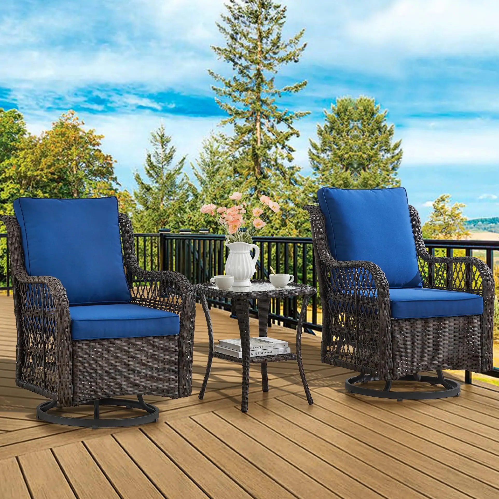 GARVEE3-Piece Outdoor Patio Set with 2 Swivel Rocker Chairs and Tempered Glass Top Table, Wicker Rattan Design with Cushions in Multiple Color Options for Patio, Porch, Pool, Garden, Deck, and Balcony