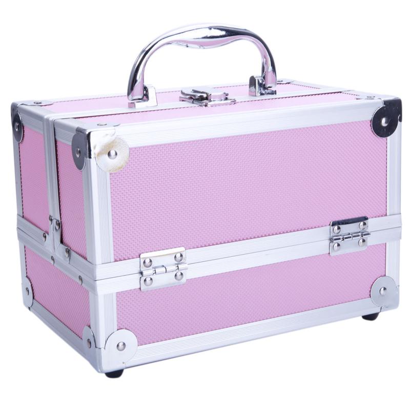 SM-2176 Aluminum Makeup Train Case Jewelry Box Cosmetic Organizer with Mirror 9"x6"x6" Pink