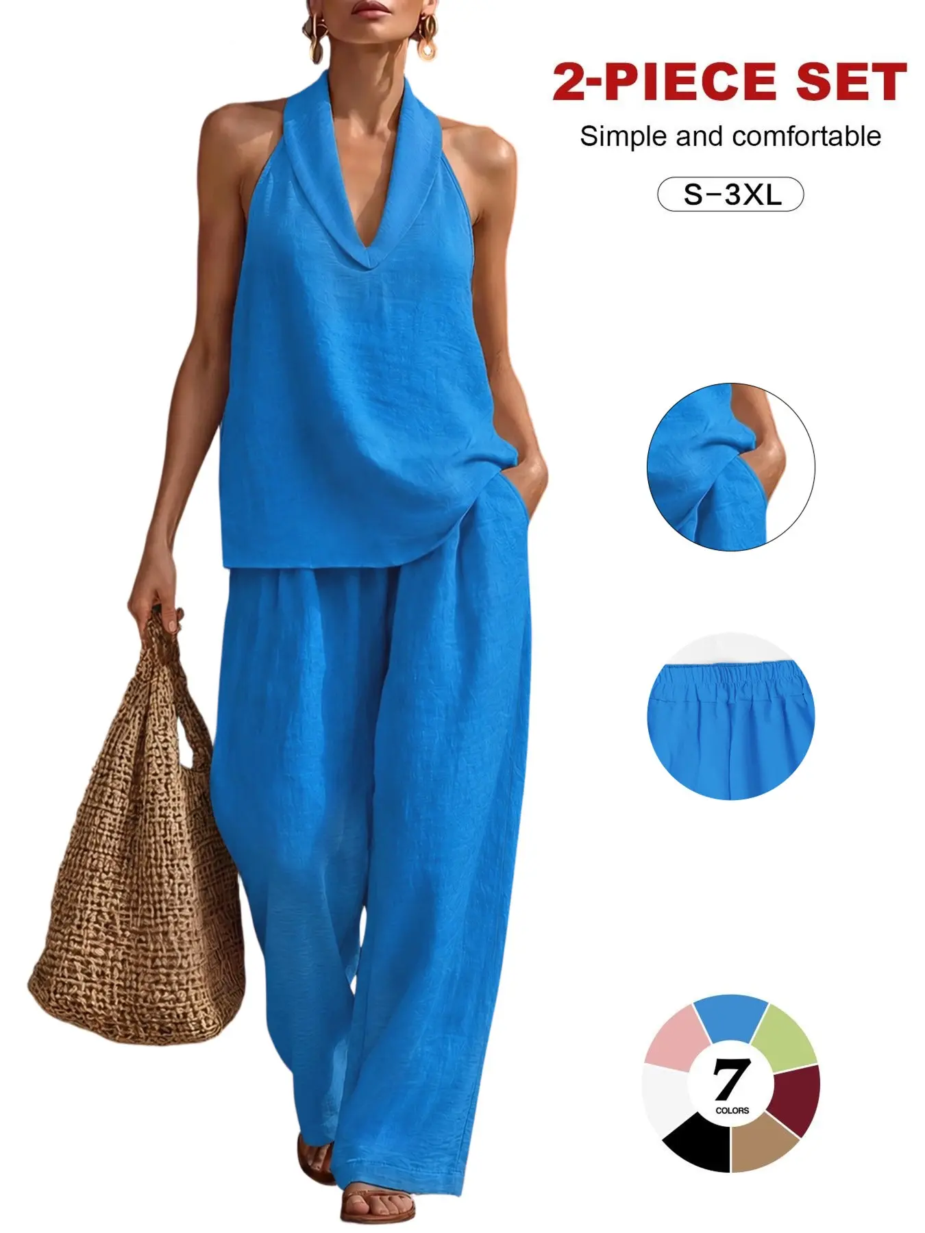 Women's Two-Piece Lounge Set, V-Neck Halter Top + High-Waisted Wide-Leg Pants, Loose-Fit Casual Home Wear for All Seasons, Womenswear Loungewear, Pajama Set
