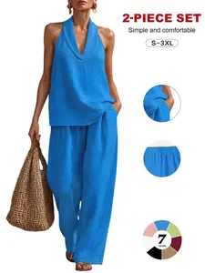 Women's Two-Piece Lounge Set, V-Neck Halter Top + High-Waisted Wide-Leg Pants, Loose-Fit Casual Home Wear for All Seasons, Womenswear Loungewear, Pajama Set