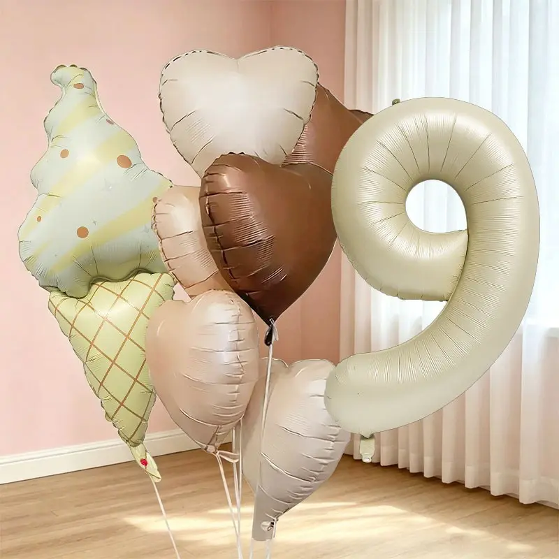 10-Piece Cream Ice Cream Morandi Color Number Balloon Set, 32-Inch Aluminum Foil Balloons, Party Balloons Decorations for Birthday, Anniversary, Store Opening