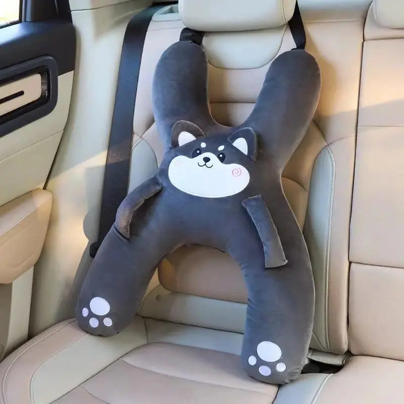 Cute Plushies Animal Face Ergonomic Plush Pig Travel Pillow - Anti-Slouch Design for Cars/Flights, Vehicle Seats - Ultra Soft, Universal Fit, Belt Strap Included