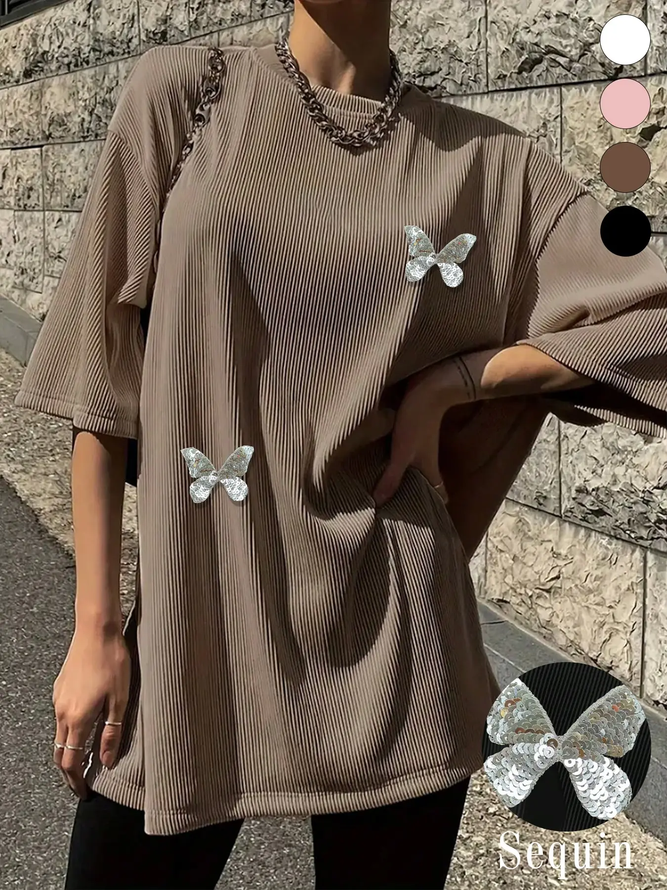 Y2K Elegant Sequin Butterfly Print Loose Fit Oversized T-Shirt for Women, Casual Round Neck Short Sleeve Top, Perfect for Home, Night Out, Weekend Street Style