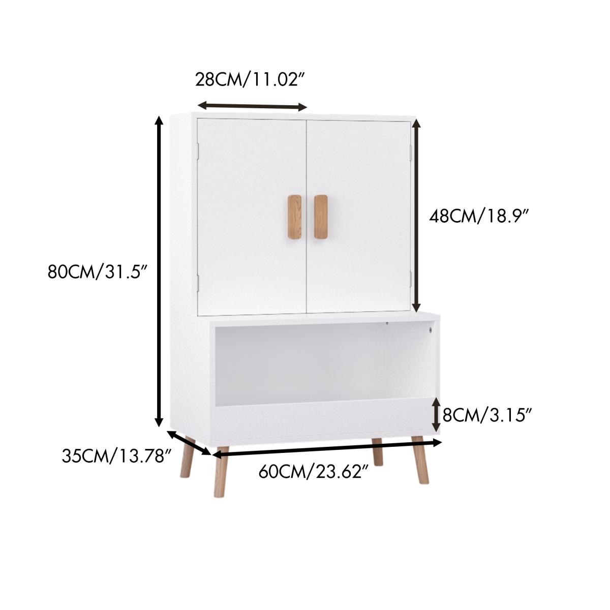 Kids Toy Storage Cabinet with Doors and Open Shelf, White Modern Wooden Organizer with Natural Wood Legs, Toddler Bookshelf for Playroom, Nursery, Bedroom