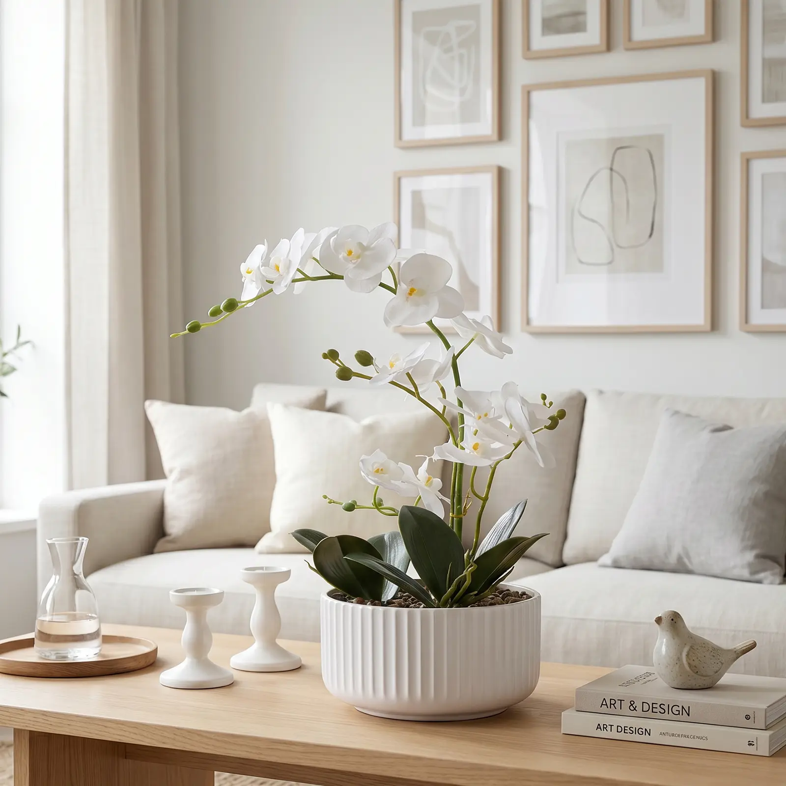 18.9 in Realistic Artificial Phalaenopsis Orchid Plant, White & Purple Faux Flowers in Plastic Pot, No-Maintenance Home Decor for Indoor Tabletop Centerpiece Decoration