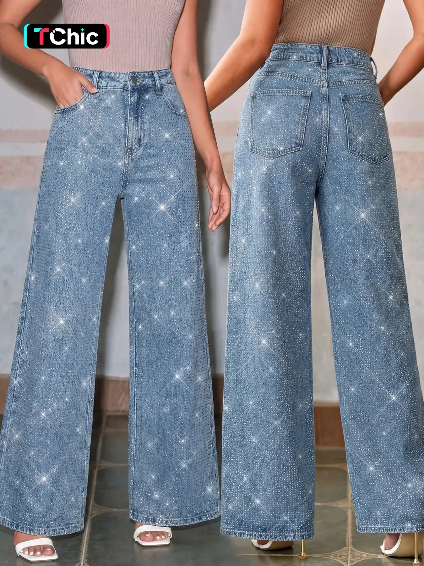 Women's High Waist Fit Light Blue Washed Rhinestone Wide Leg Jeans, Sparkly Rhinestone Decorated Denim Long Pants, Y2K American Style Chic Statement