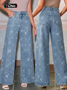 Women's High Waist Light Blue Washed Rhinestone Wide Leg Jeans, Sparkly Rhinestone Decorated Denim Long Pants, Y2K American Style