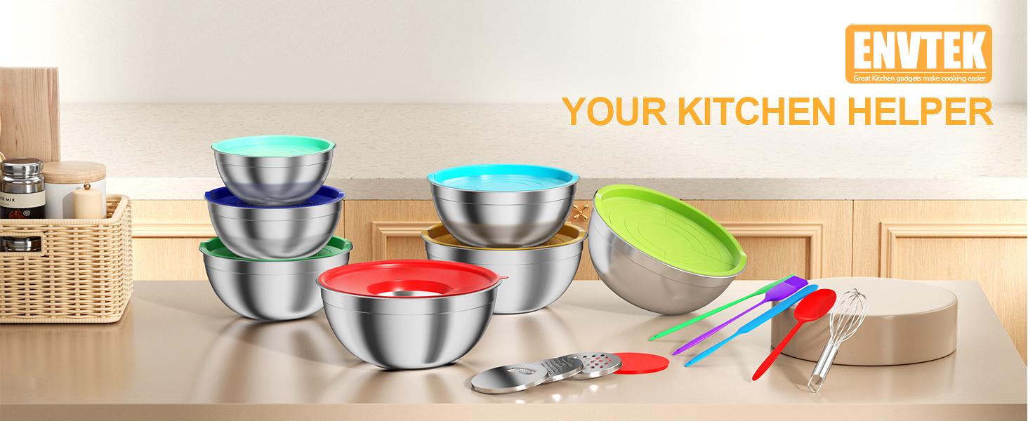 Mixing Bowls with Lids Set, 7 PCS Stainless Steel Mixing Bowls with 3 Grater Attachments, Size 4.5, 4, 3.5, 2.1, 1.5, 1.1, 0.7QT, Ideal for Kitchen Cooking Baking & Serving Mixing Bowls with Lids Set, 7 PCS Stainless Steel Mixing Bowls with 3 Grater Attachments, Size 4.5, 4, 3.5, 2.1, 1.5, 1.1, 0.7QT, Ideal for Kitchen Cooking Baking & Serving
