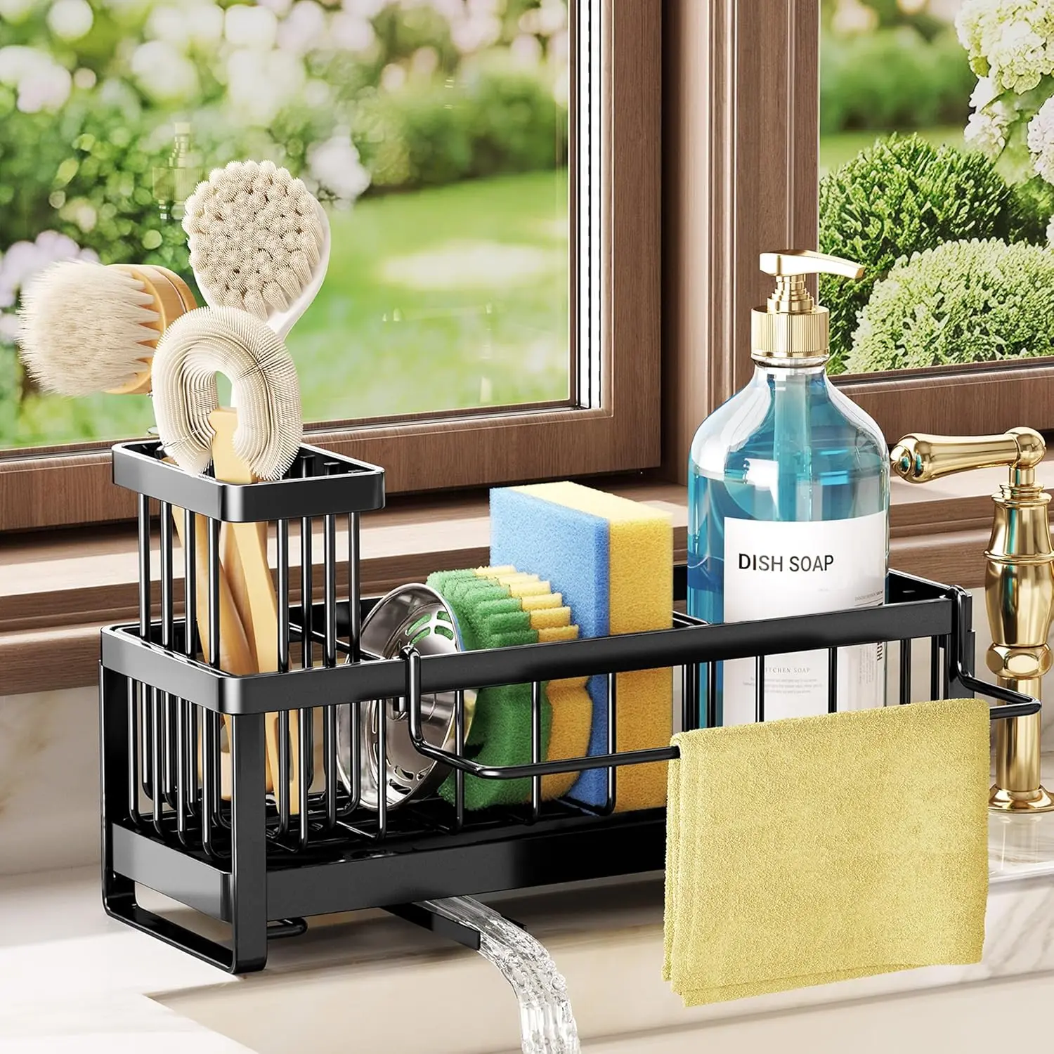 Sponge Holder for Kitchen Sink - Sink Caddy with Brush Holder Self-draining Sponge Caddy Organizer with Divider Stainless Steel Kitchen Accessories Storage for Countertop, Black