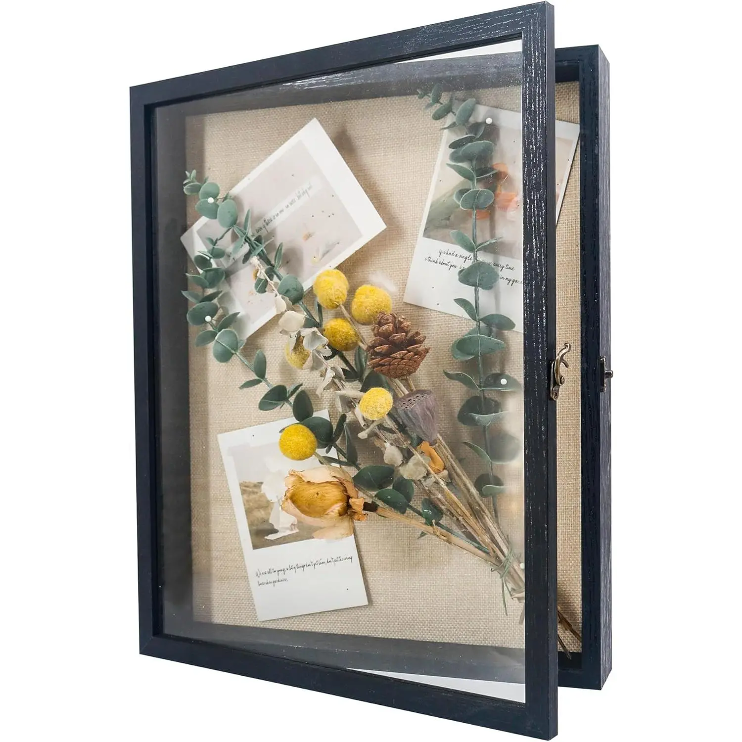 13x16 Wood Shadow Box Frame Glass Door Display Case with Linen Back and 6 Stick Pins, 1.5 Inches Interior Depth, Ideal for Memorabilia Pictures Flowers Medals Tickets, Rustic Black