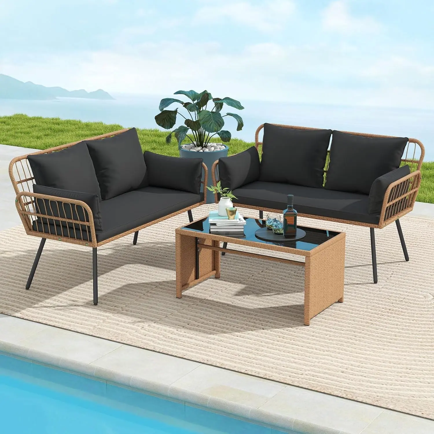 4-Piece Outdoor Wicker Patio Bistro Set - PE Rattan Conversation Set w/ Cushions - Tempered Glass Table, 2 Chairs, Armless Loveseat