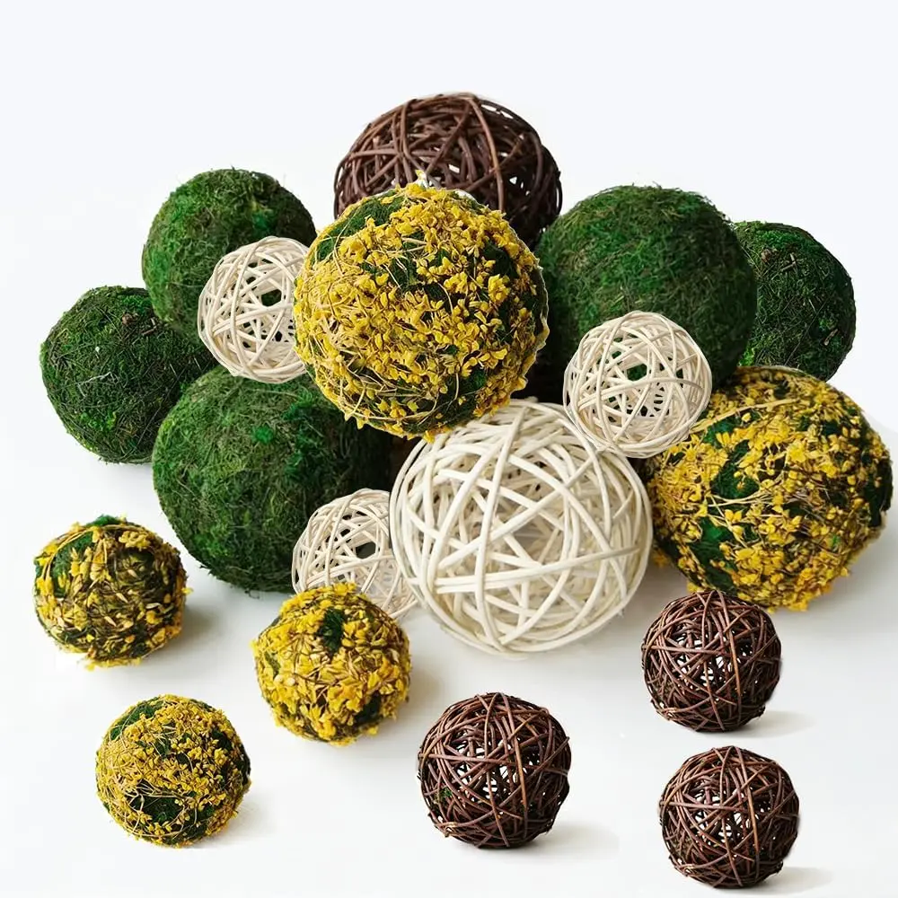 Tinsow 18Pcs Decorative Balls for Bowls, Mixed Moss Balls, Rattan Wicker Orbs & Dried Floral Sphere Bowl Fillers Decor for Home Table Centerpiece Wedding