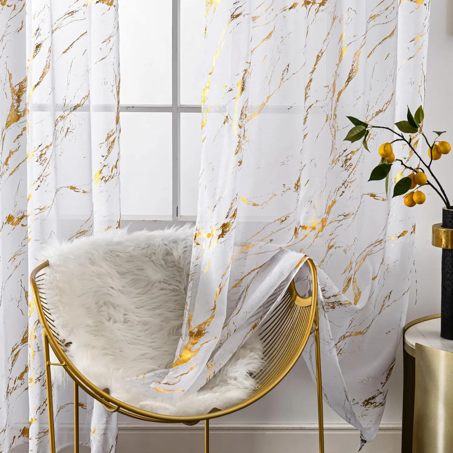White Marble Sheer Curtains 2 Panels for Bedroom Living Room, Metallic Golden 84 Inch Length, Rod Pocket  Sparkle Glitter for Holiday Decor Window Treatments, 52" X 84"