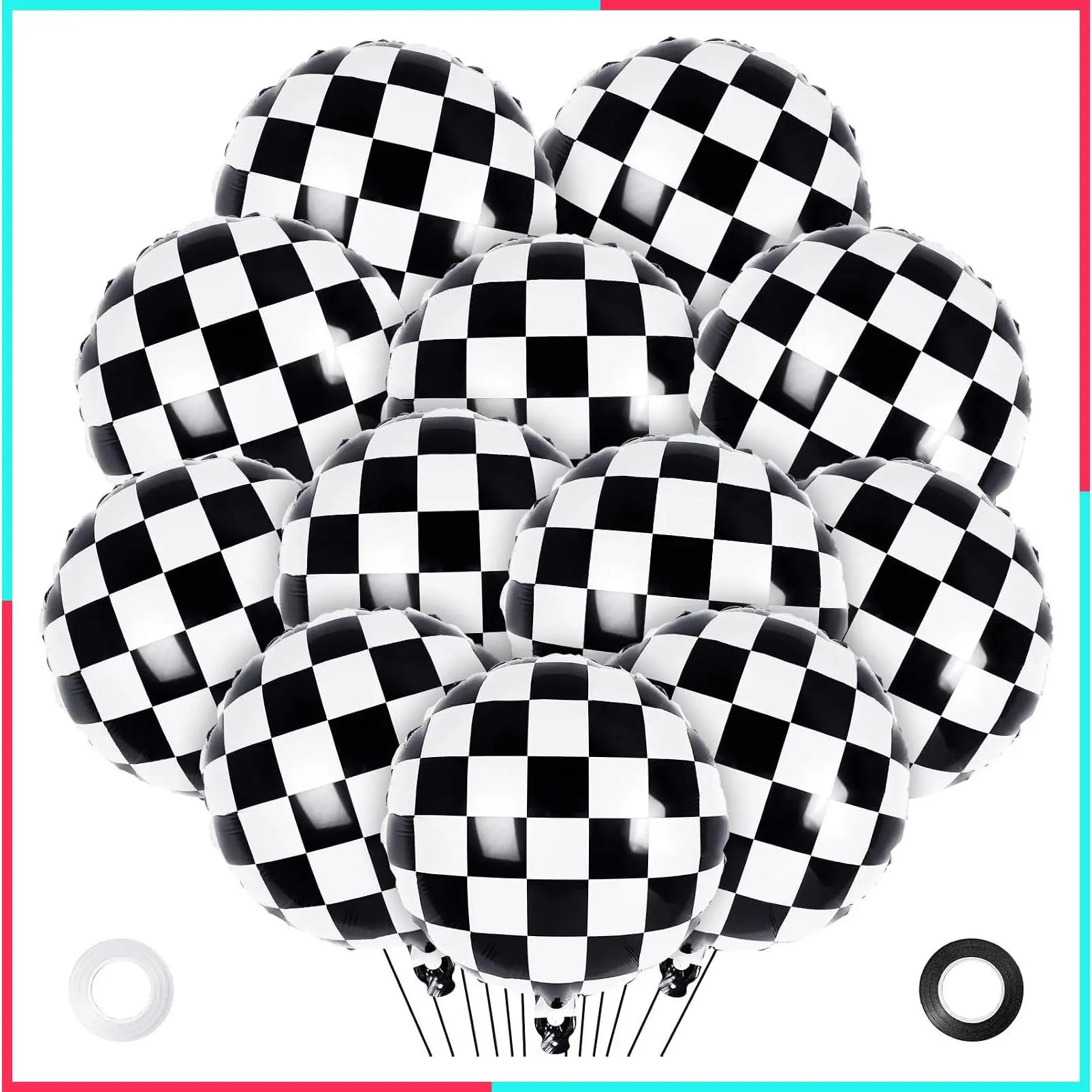 12 Pcs Checkered Balloons, 18 Inch Racing Foil Balloons, Black and White Checkerboard Mylar Balloons for Race Car Birthday Party Decorations