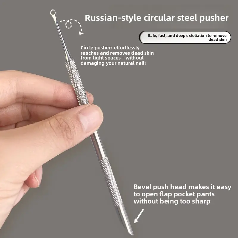 1 Russian Style Stratum Corneum Pusher Set, Stainless Steel Nail Stratum Corneum Removal Tool, Professional Manicure Round Head and Slanted Head Dead Skin Pusher, Nail Care and Grooming Set