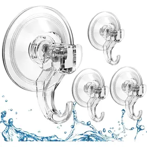 4 Pack Clear Suction Cup Hooks, Waterproof Heavy Duty Multi-Purpose Shower Hooks, Wreath Hanger for Bathroom, Tile, Glass Door, Window, Towel & Camper Use