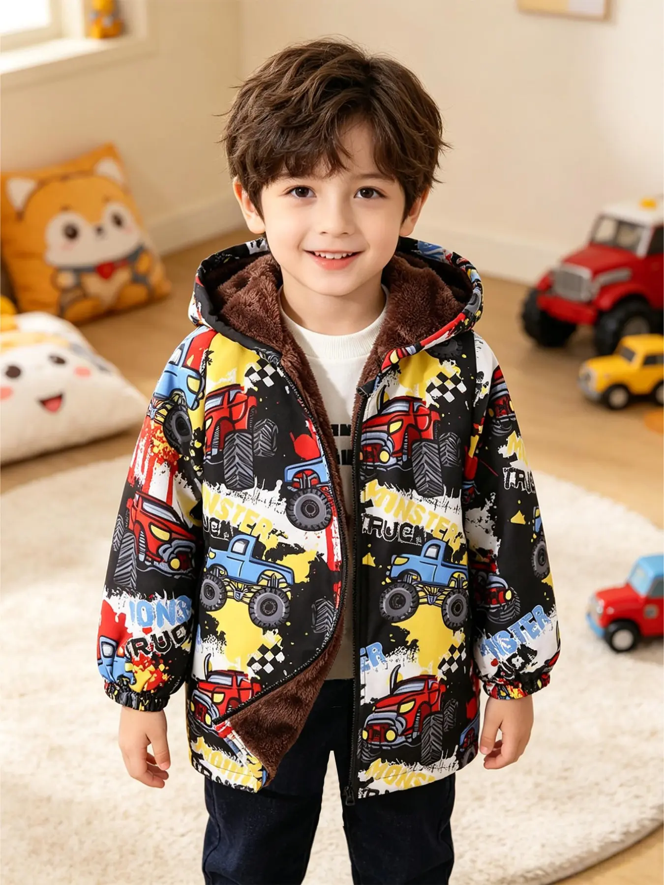 Boy's Graffiti Monster Truck Full-Print Outer Layer+Plush Inner Lining Hooded Zipper Cotton Coat, New Winter/Autumn Style Outerwear. Children's Windproof Daily Warm-Up Casual Fashionable Multi-Purpose Outdoor Top,Essential For School#Ideal Gift Choice
