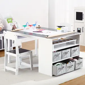 Art Table and 2 Chairs Set – 4-in-1 Kids Wooden Activity Desk with Art Easel, Storage Bins, Study & Drawing Table for Toddlers – Multi-Functional Children’s Furniture for Home, Playroom, or Learning space