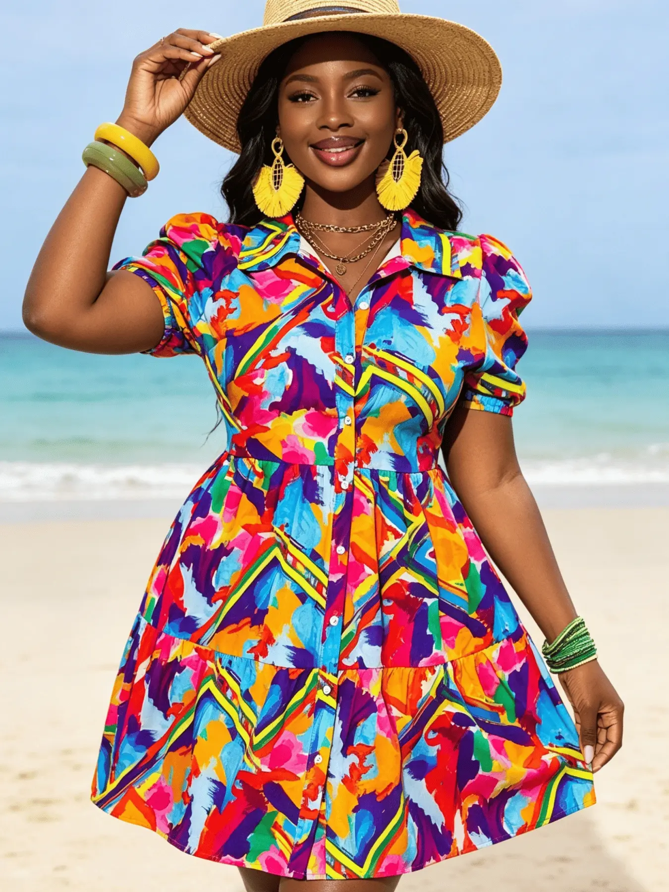 A fashionable and colorful graffiti printed vacation shirt dress, Beachwear Sundress for women, with refreshing short sleeves suitable for tropical climate, suitable for commuting, shopping, outdoor activities, indoor and outdoor wear