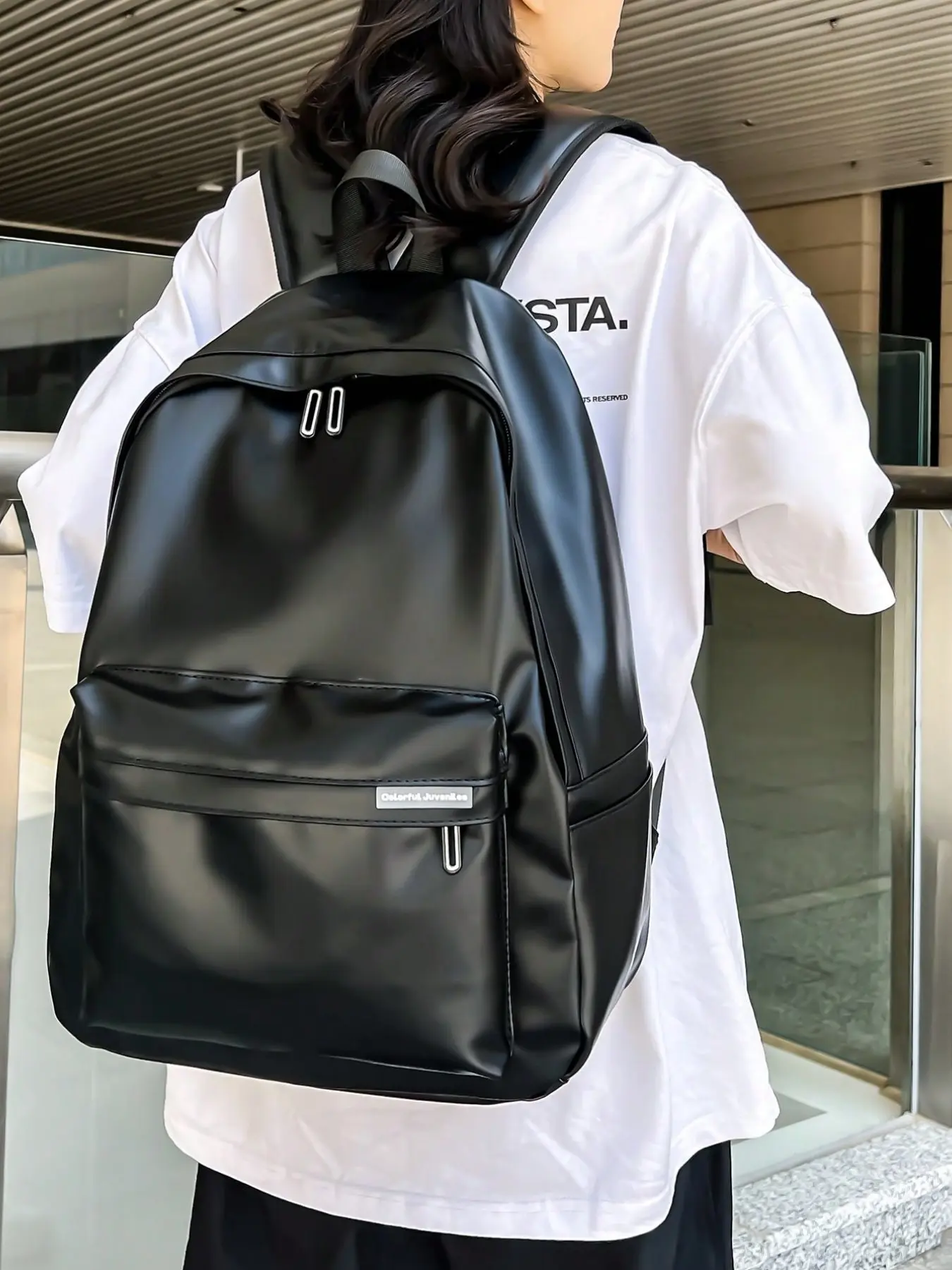 Trendy Ins Style Daypack Casual School Travel Rucksack Unisex, Minimalist Matte Black Soft PU Leather Backpack, Large Capacity Water Resistant Lightweight Laptop Backpack Casual Daily for Women Men Students