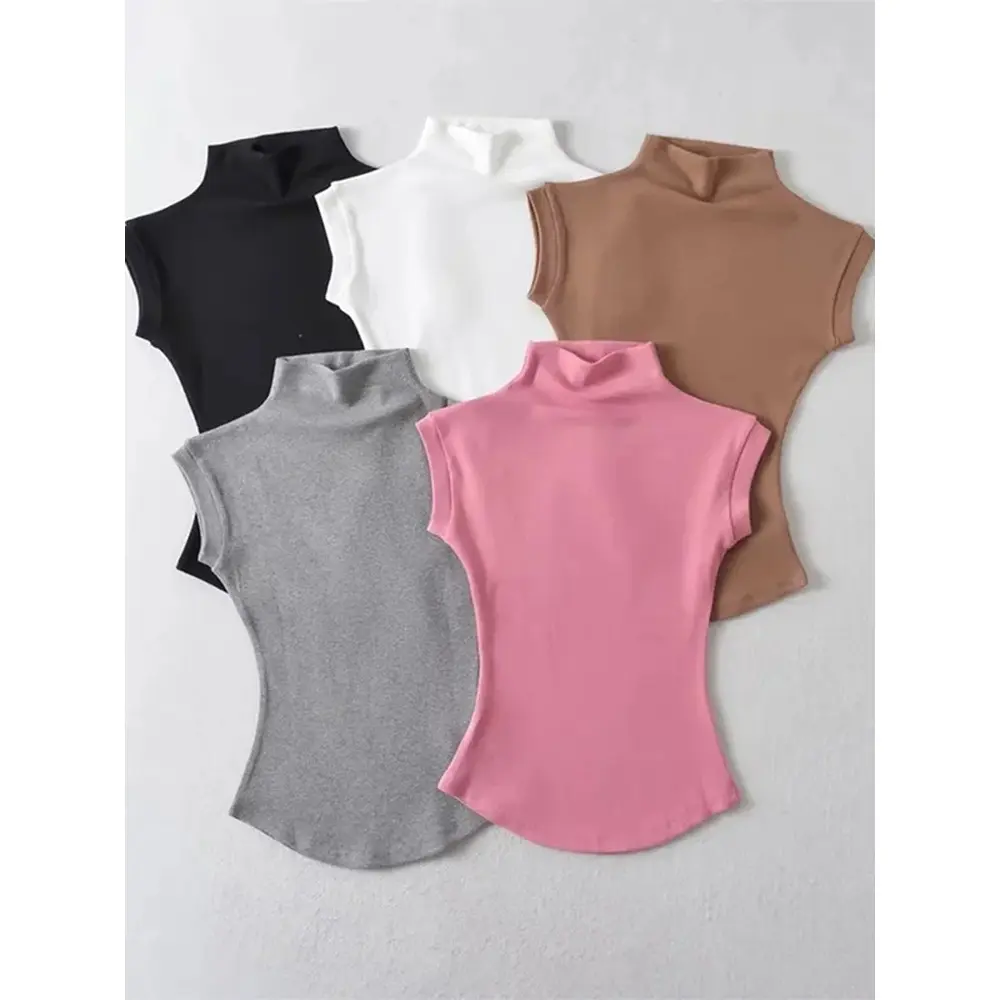 Women's Plain Solid High Neck Sleeveless Polyester Blend T-Shirt Top - Slim Fit, Casual, Sexy Pullover Streetwear Basic Summer Womenswear (Black)
