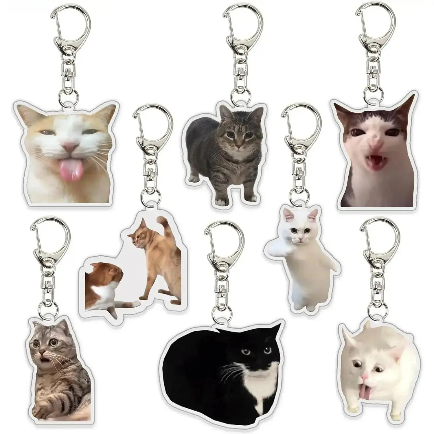 8Pcs Funny Cat Meme Acrylic Keychain Set, Kawaii Viral Internet Cat Bag Charms, Cute Animal Pendant Key Rings, Novelty Decorative Accessories & Gift for Teens