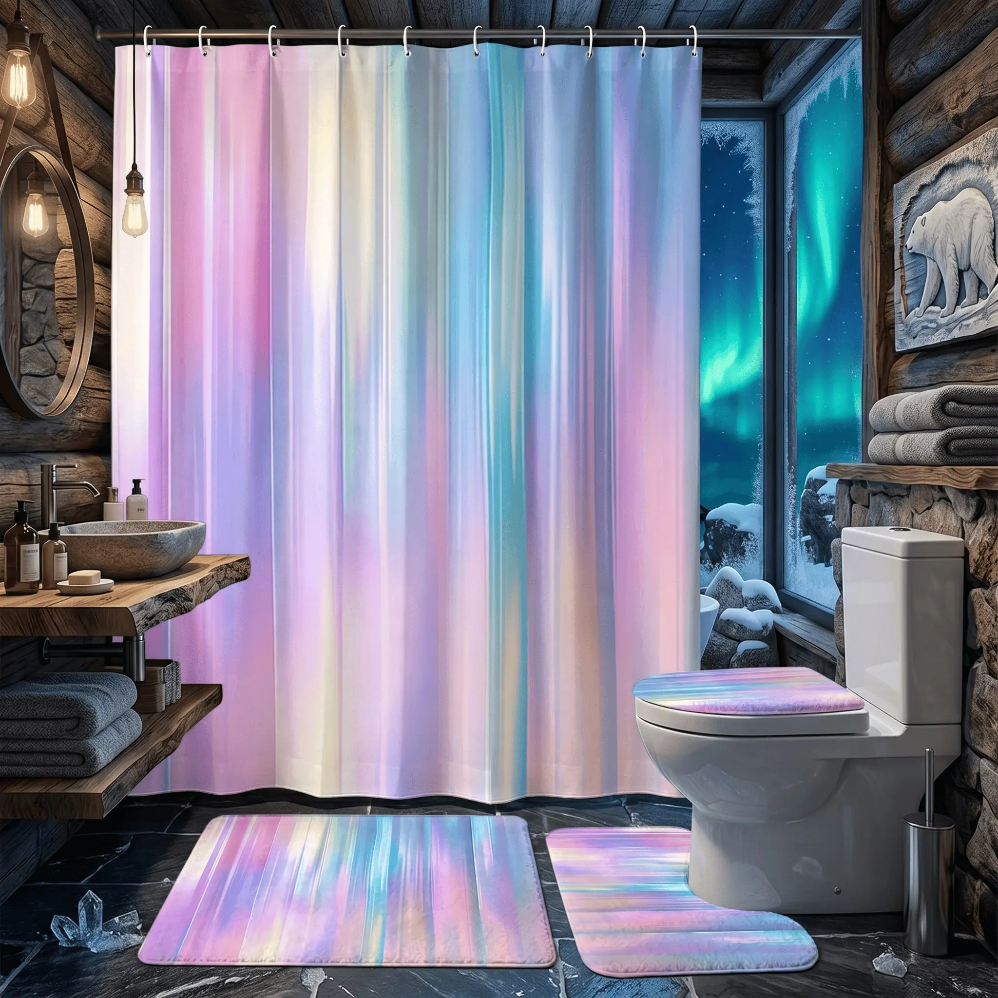 4pcs Holographic Iridescent Bathroom Decor Set, Shower Curtain, Rainboow Striped Bath Mat, U-Shaped Contour Rug, The floor mat fabric is thicker and softer!for Summer Pride Holiday Spa Vibrant Washroom Makeover
