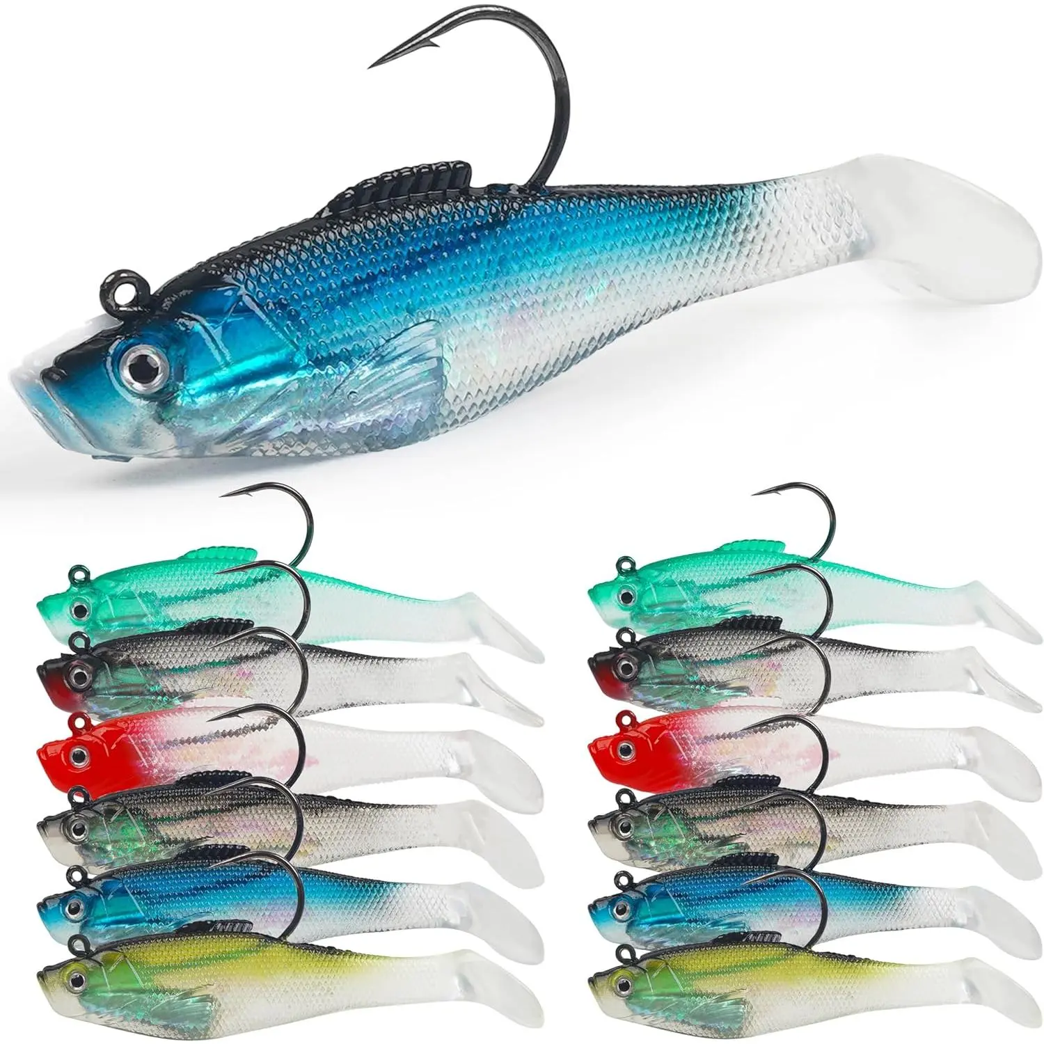 Soft Fishing Lures Pre-Rigged Swimbait Jig  Paddle Tail Swim Baits Swim Shad Lures Soft Plastic Swimbait Bass Trout Walleye Sinking Baits Fishing Lures Kit for Saltwater Freshwater
