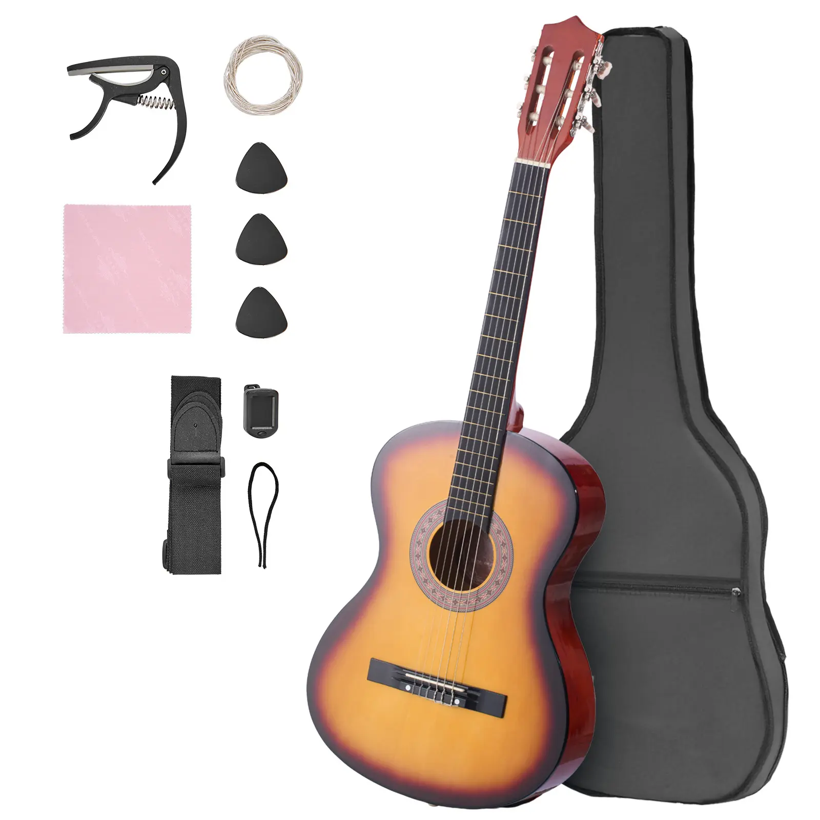 Classical Guitar, 38 Inch, Wood Classical Guitar Starter Kit for Beginners, with Nylon Strings, Gig Bag, Strap, Tuner, Extra String, Pick, Capo, Basswood, for Teenagers Adults Students, Sunburst