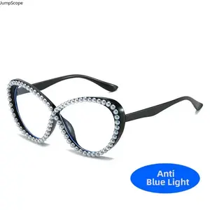 Unisex Stylish Eyeglass - Diamond-Accent Cat Eye Frames, Anti-UV Blue Light Blocking 2-Tone Transparent Crystal-Clear Sleek Non-Prescription Glasses for Office, Daily Wear