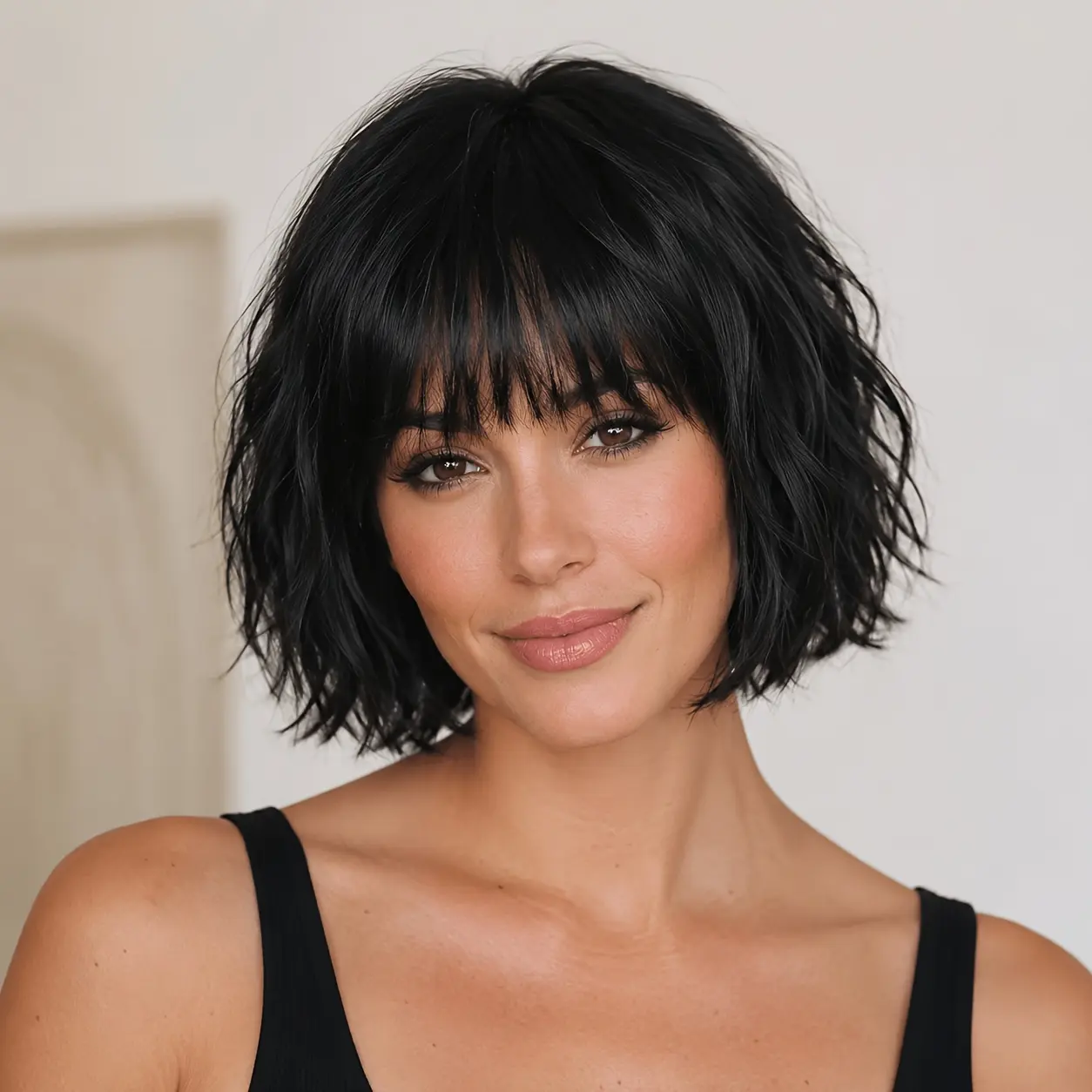 A 14 inch wig with bangs, made of synthetic hair material.This rubber free wig features a stylish design and color scheme, and comes with a rose mesh for easy wearing.Very suitable for daily use and special occasions
