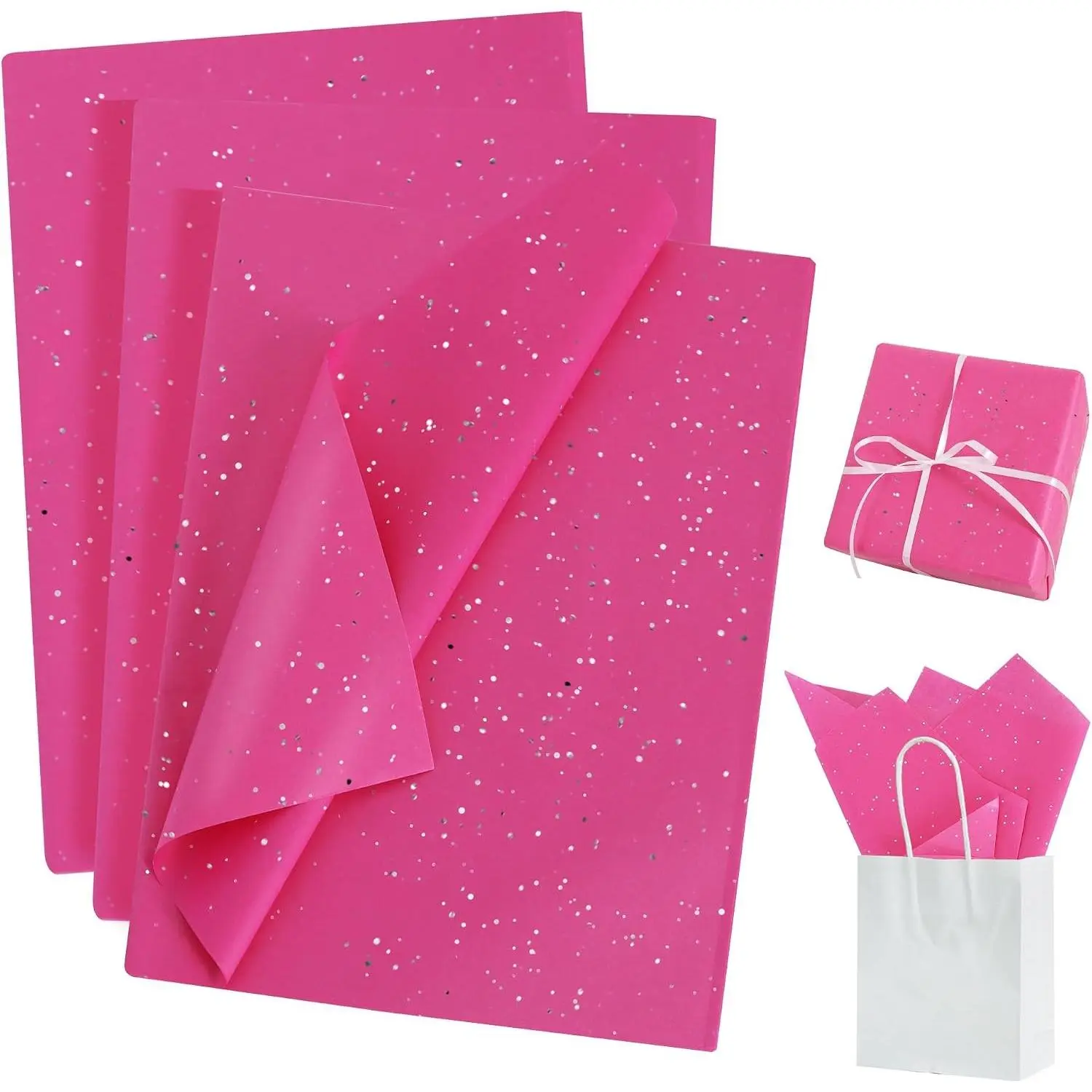 50 Sheets Hot Pink Glitter Tissue Paper Bulk, Glitter Tissue Wrapping Paper for Gift Bags, 14 x 20 Inch Gift Wrap for Birthday Wedding Graduation DIY Crafts Holiday Flowers